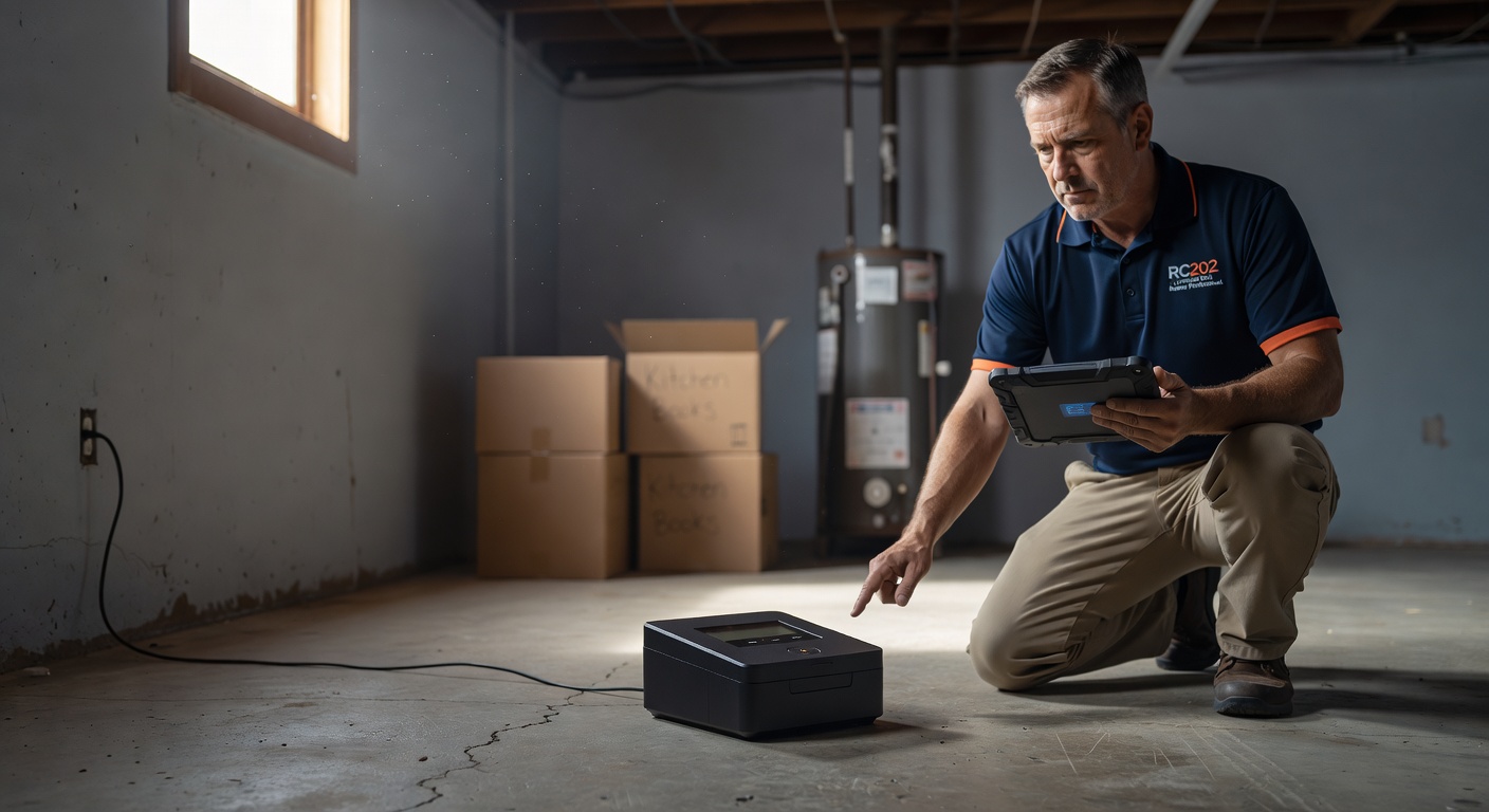 continuous radon monitor device on floor of basement