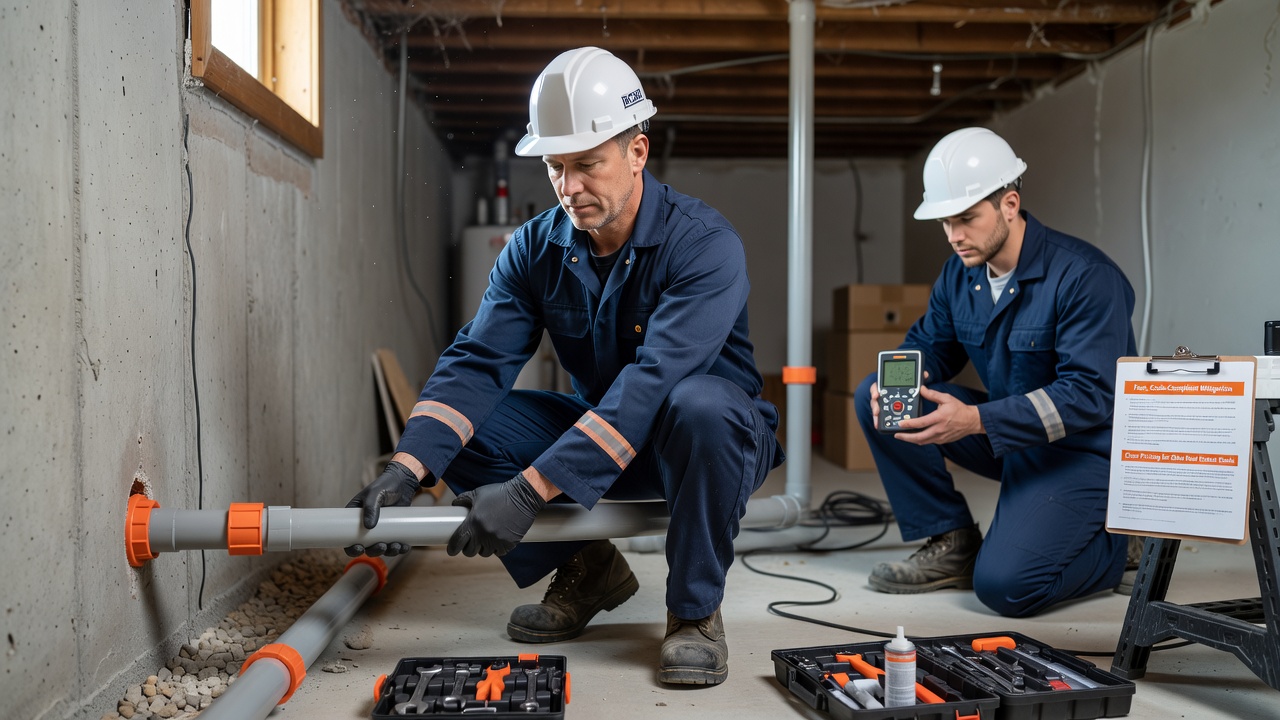 radon mitigation technician installing PVC pipe system