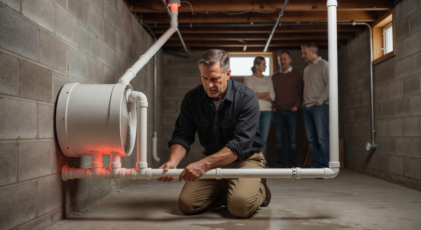 radon mitigation fan PVC pipe basement installation