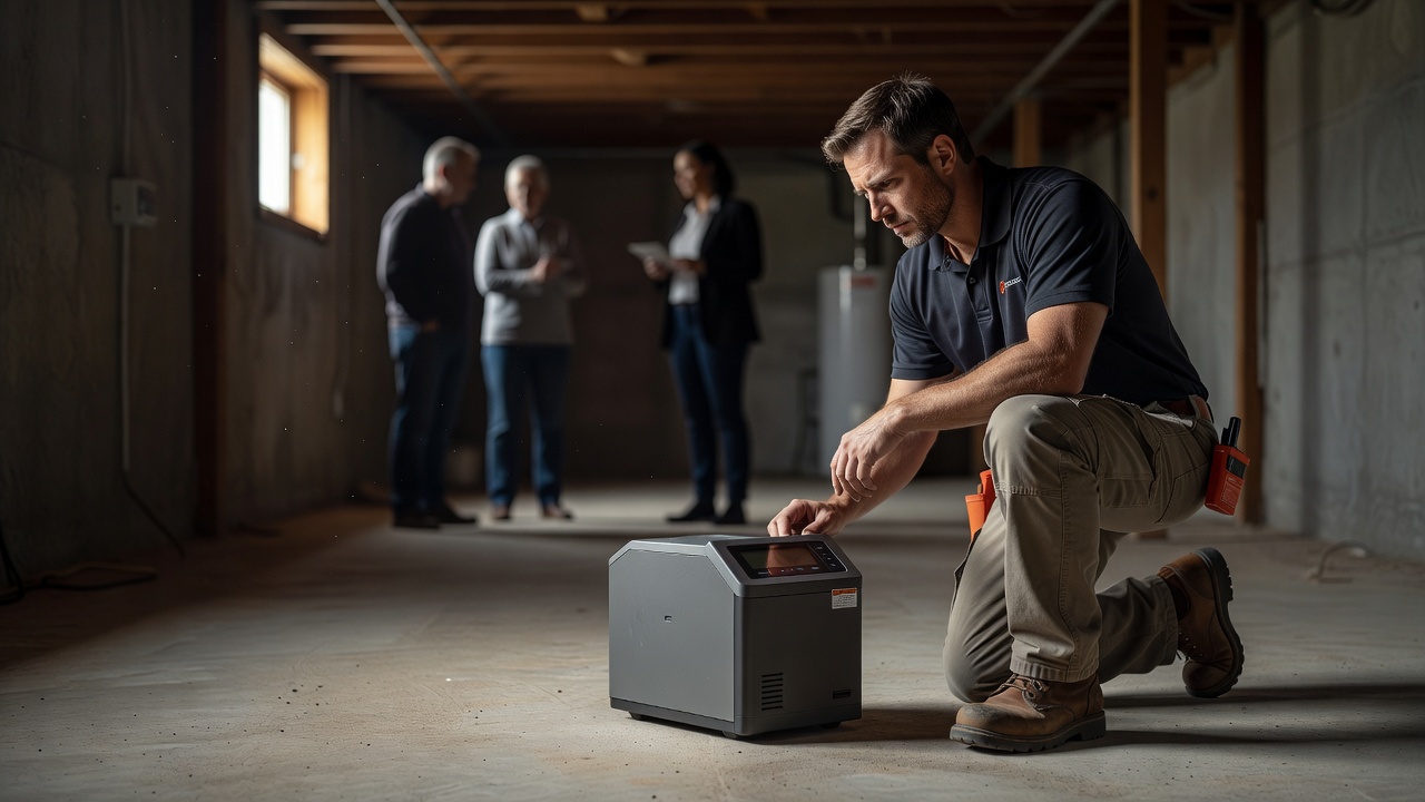continuous radon monitor device on basement floor