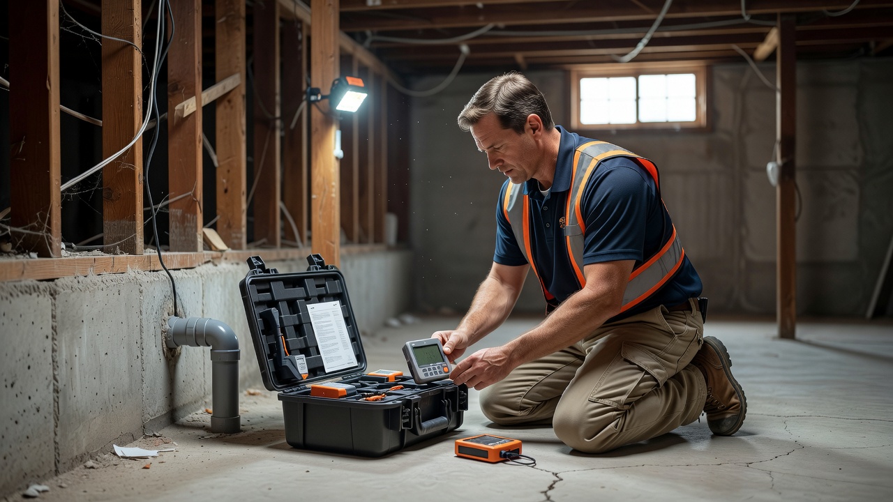 radon technician testing equipment basement inspection