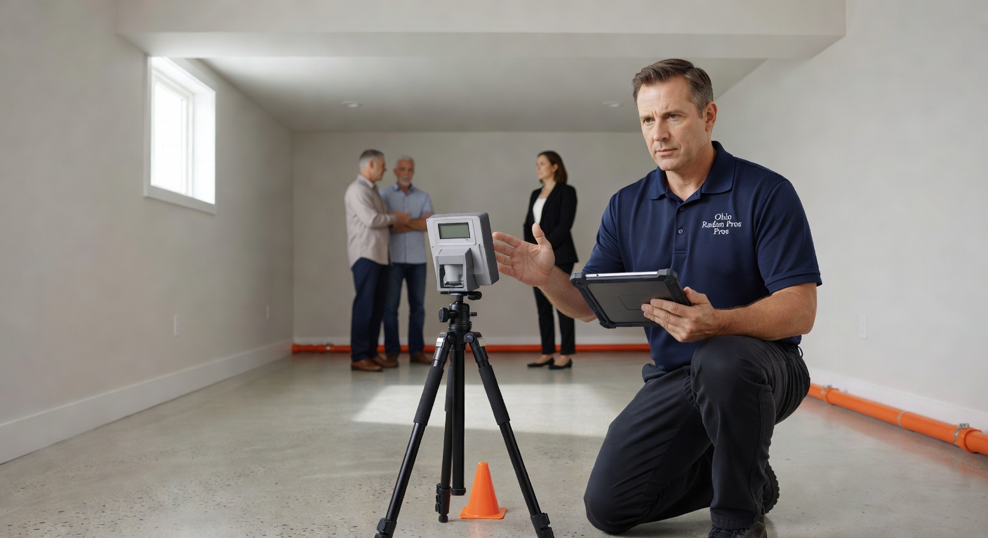 continuous radon monitor on tripod in finished basement Ohio home