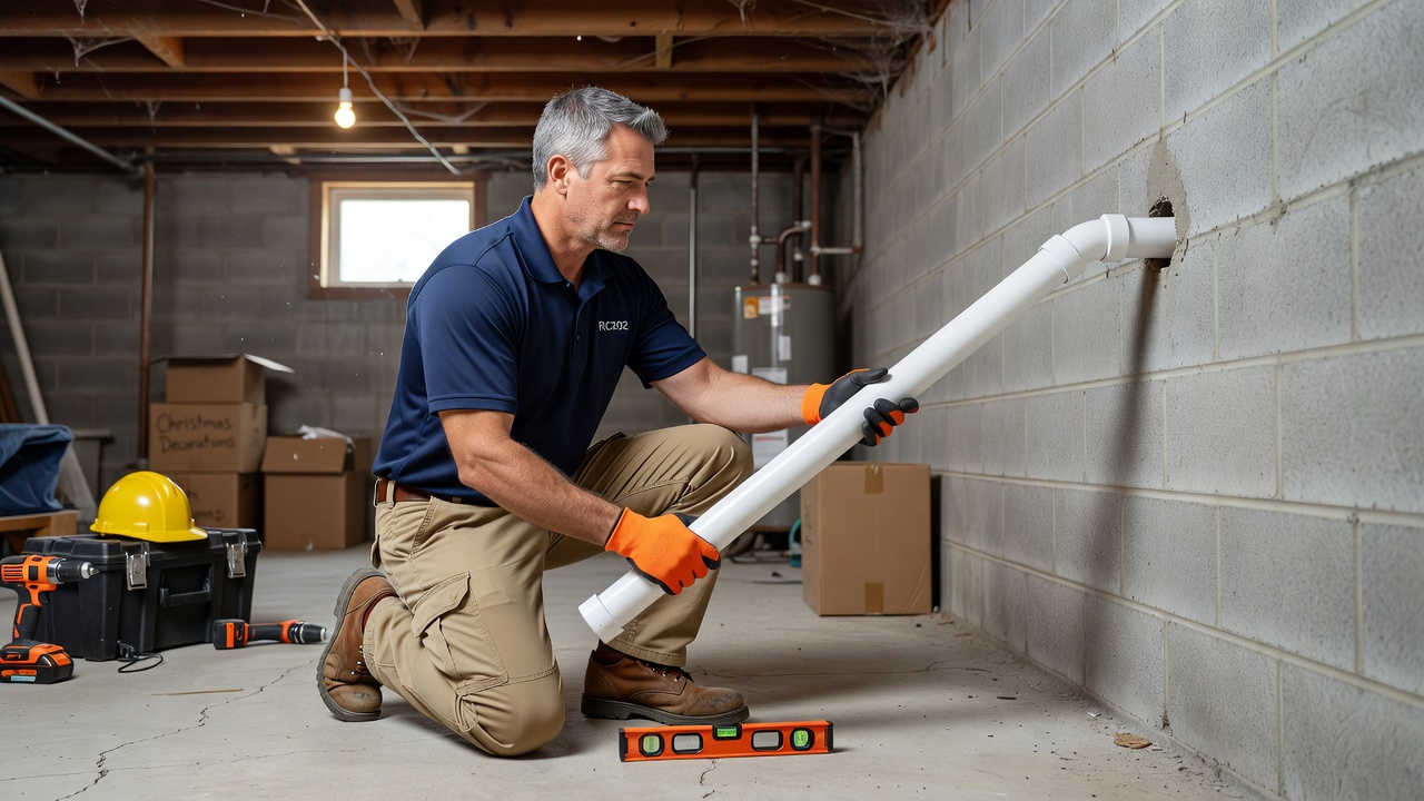 radon technician installing PVC pipe Akron Ohio home
