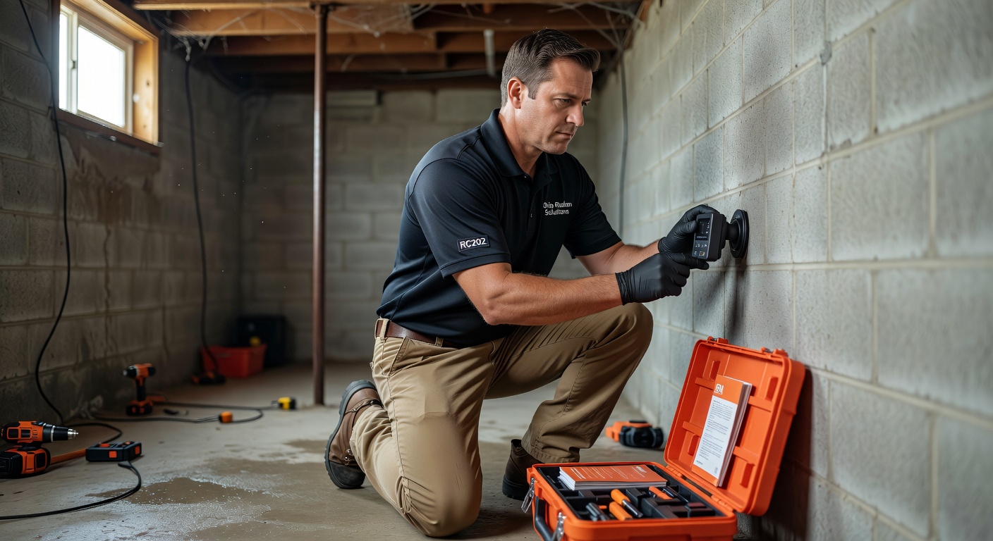 radon professional placing continuous monitor basement Ohio home