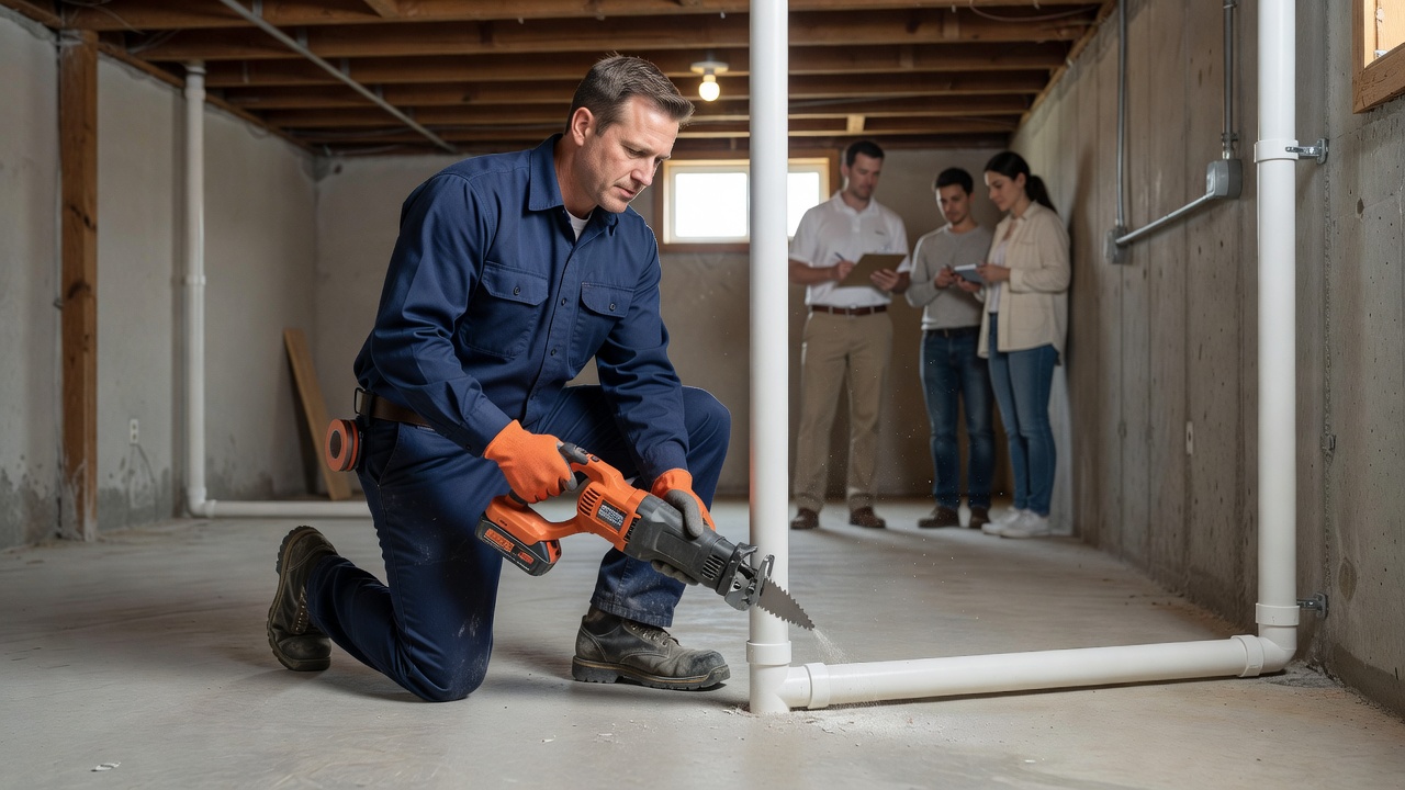 radon mitigation technician installing PVC pipe basement Ohio