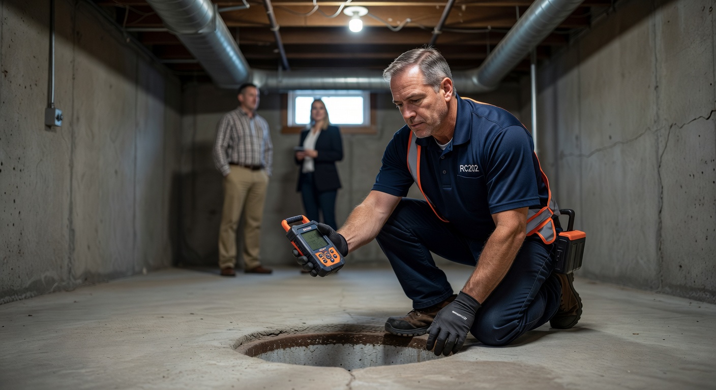 radon technician inspecting basement sump pit Ohio