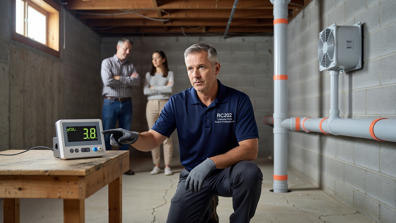 radon test continuous monitor pCi/L reading basement