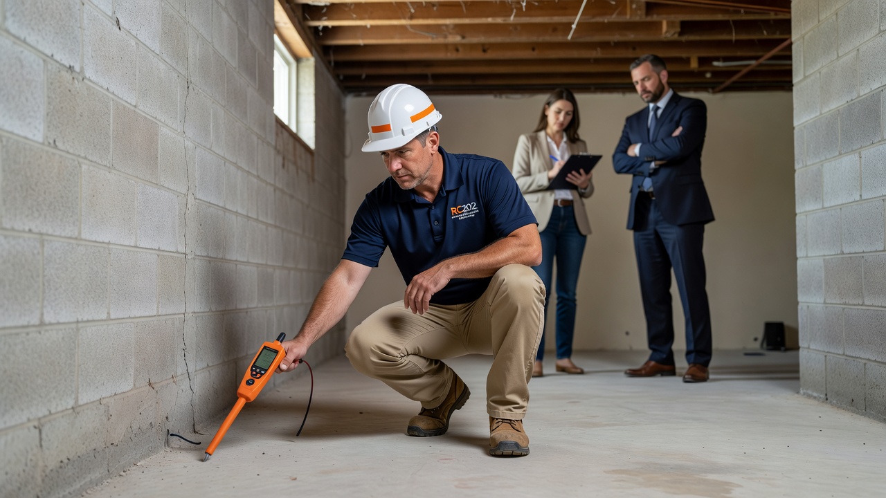 radon mitigation technician inspecting basement foundation