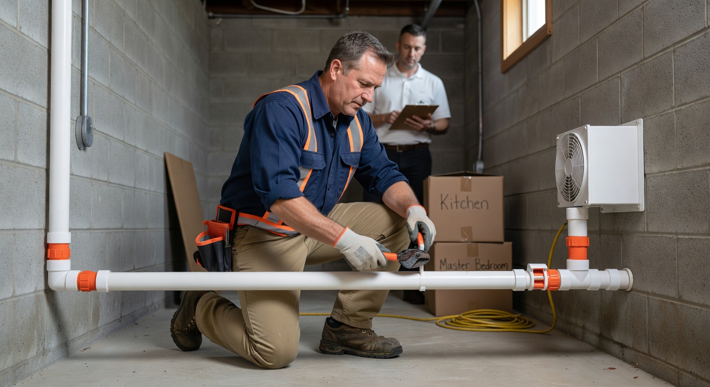 radon mitigation technician installing PVC pipe Ohio home