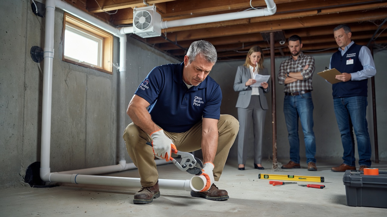 radon technician installing PVC pipe basement mitigation