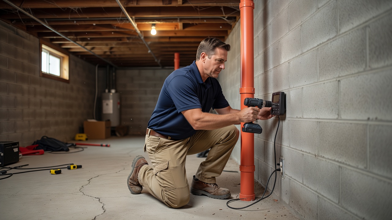 radon technician installing continuous radon monitor basement