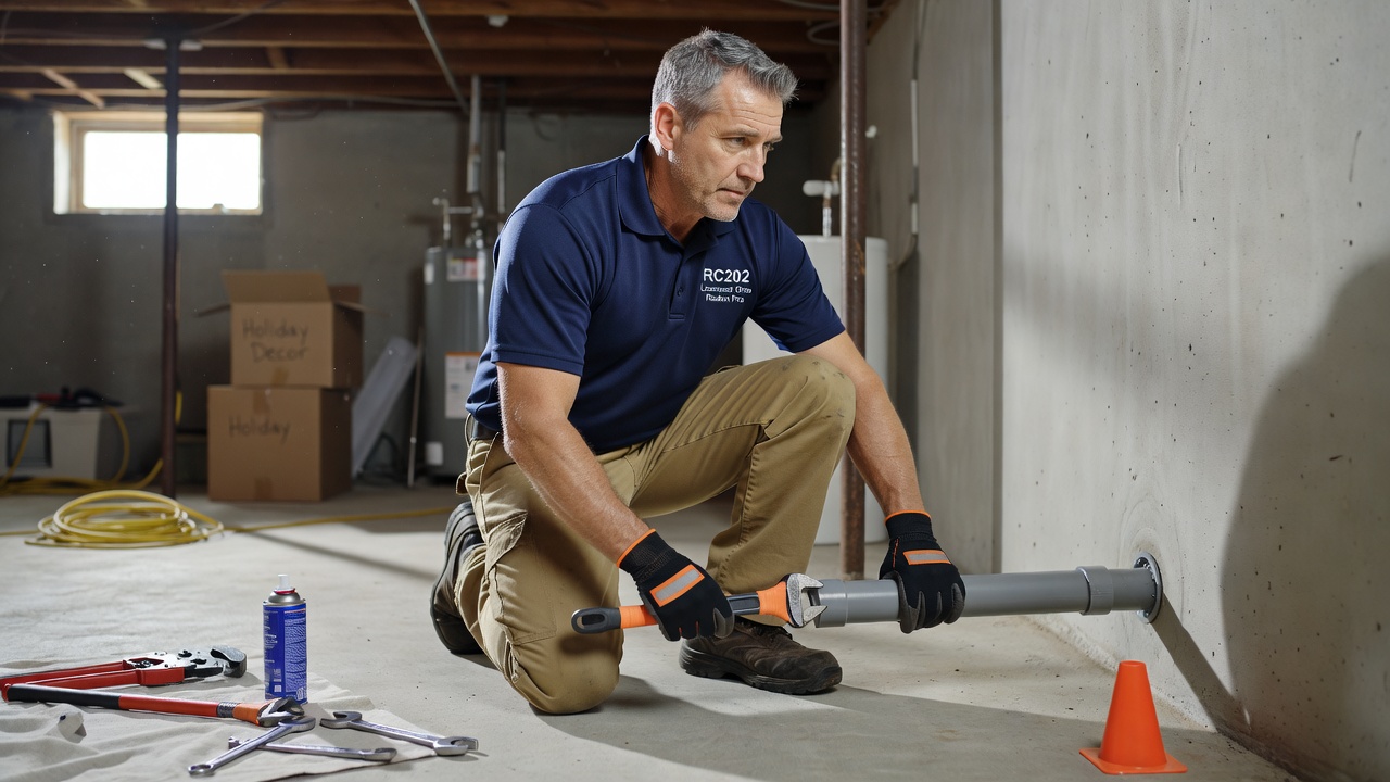 radon technician installing PVC mitigation pipe basement