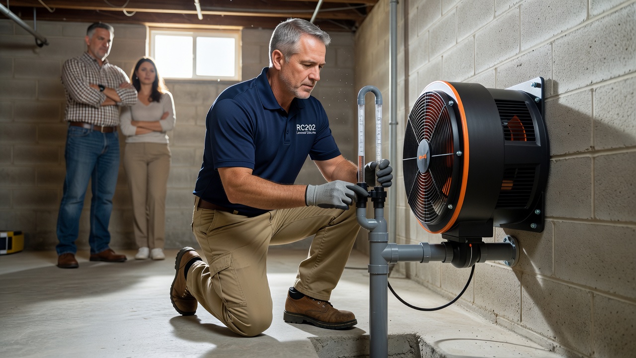 radon mitigation fan U-tube manometer basement
