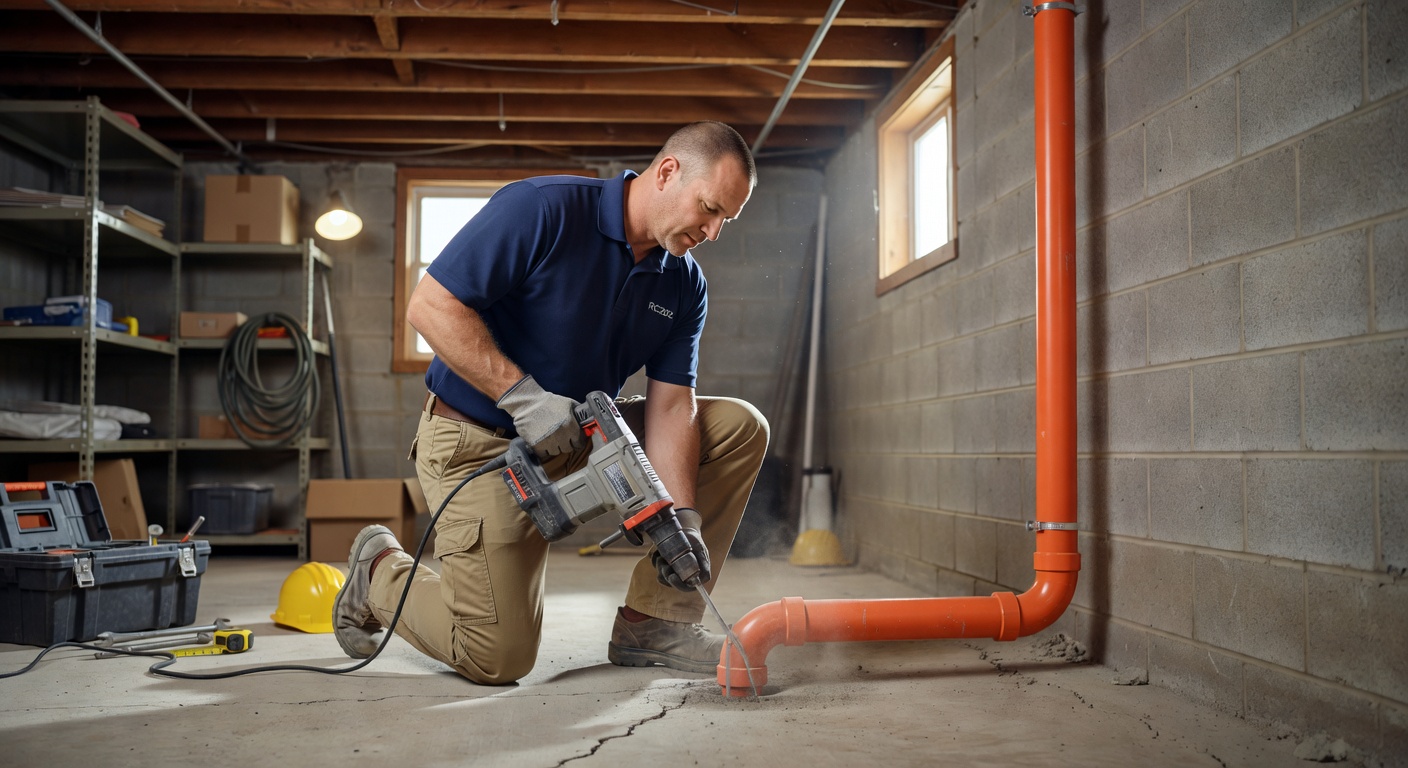 radon mitigation contractor installing sub-slab depressurization pipe basement