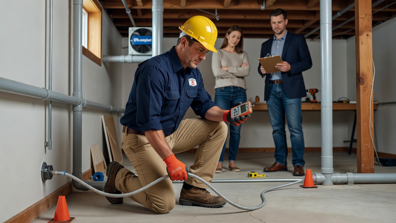 radon mitigation technician inspecting basement chauncey ohio