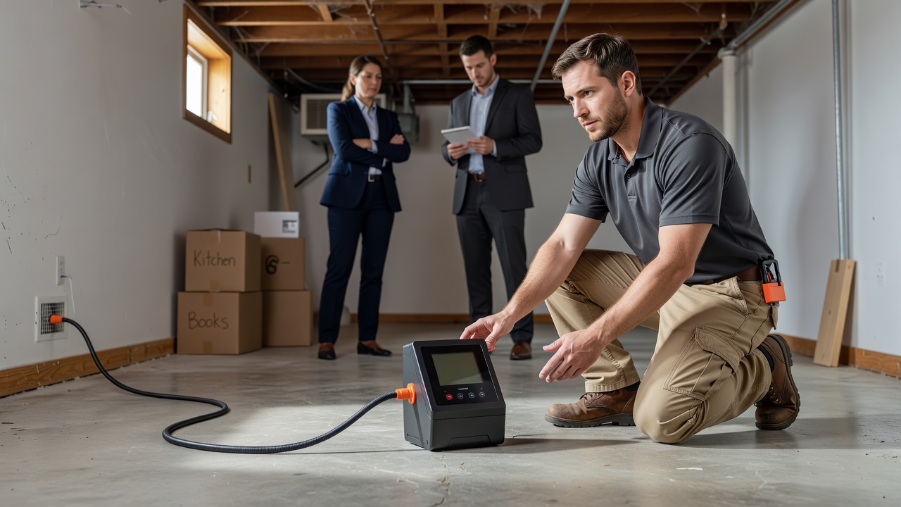 continuous radon monitor device on basement floor