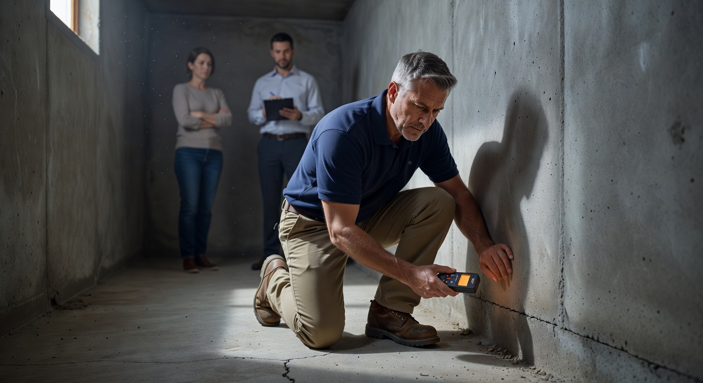 radon mitigation contractor inspecting basement foundation