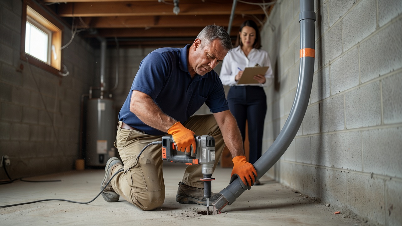 radon technician installing PVC mitigation pipe Ohio