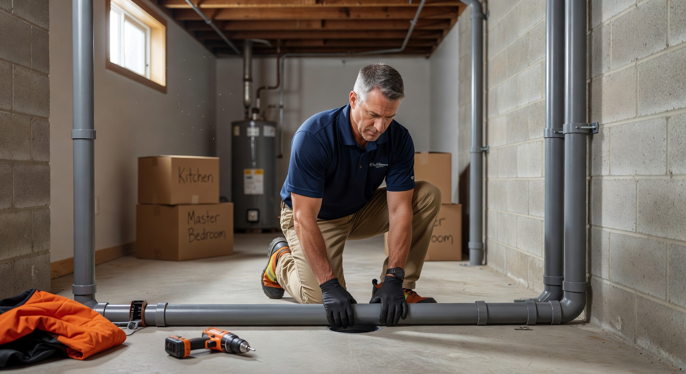 radon mitigation technician installing pipe ohio home