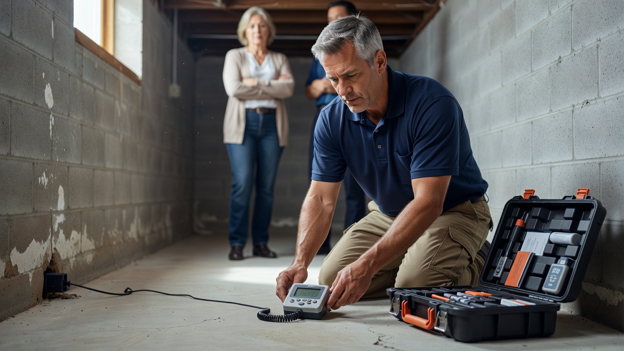 radon mitigation contractor inspecting basement Ohio