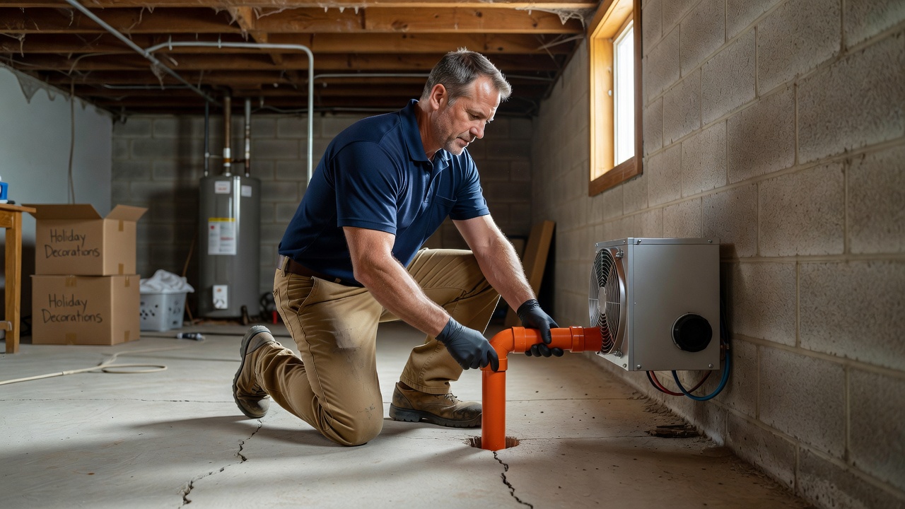 radon technician installing PVC mitigation pipe in basement