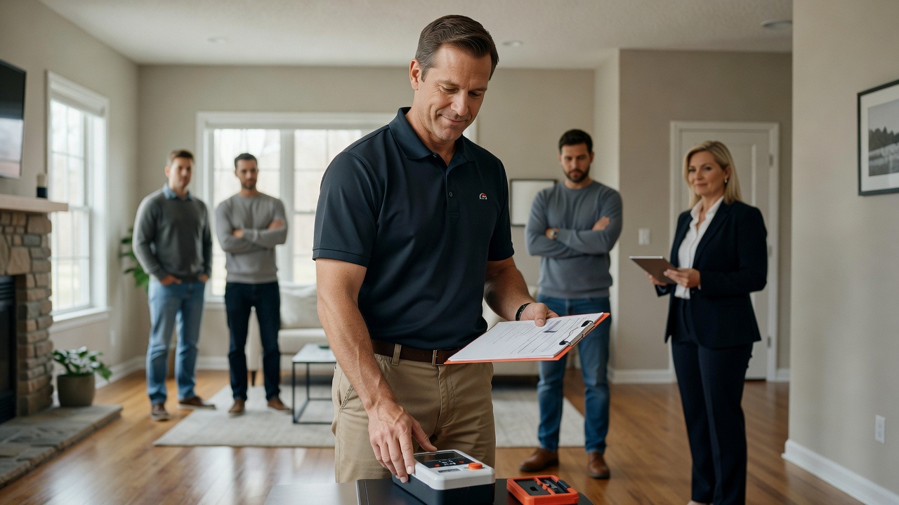 Ohio radon mitigation professional with clipboard at home