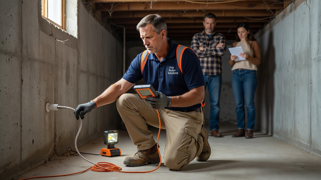 radon mitigation technician inspecting home basement Ohio