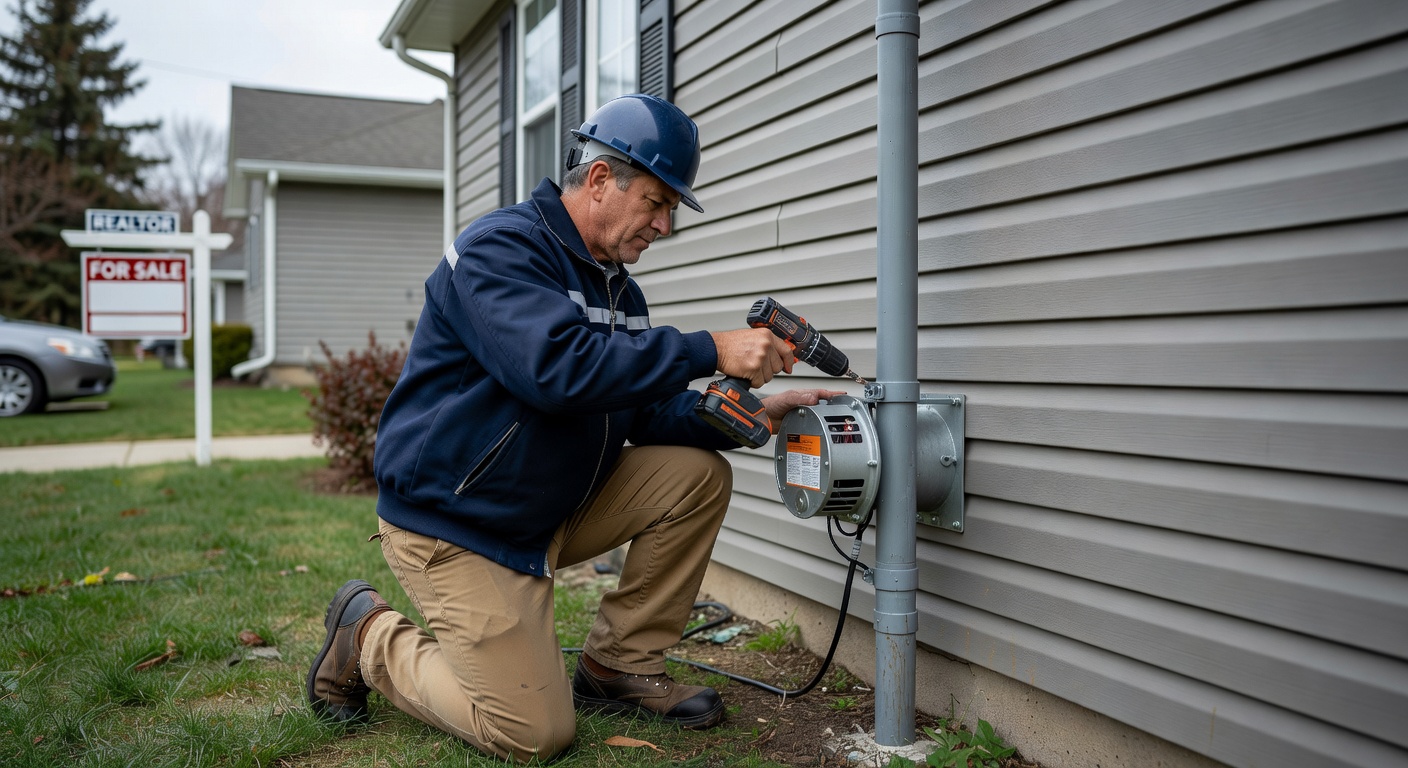 radon technician installing mitigation fan exterior pipe