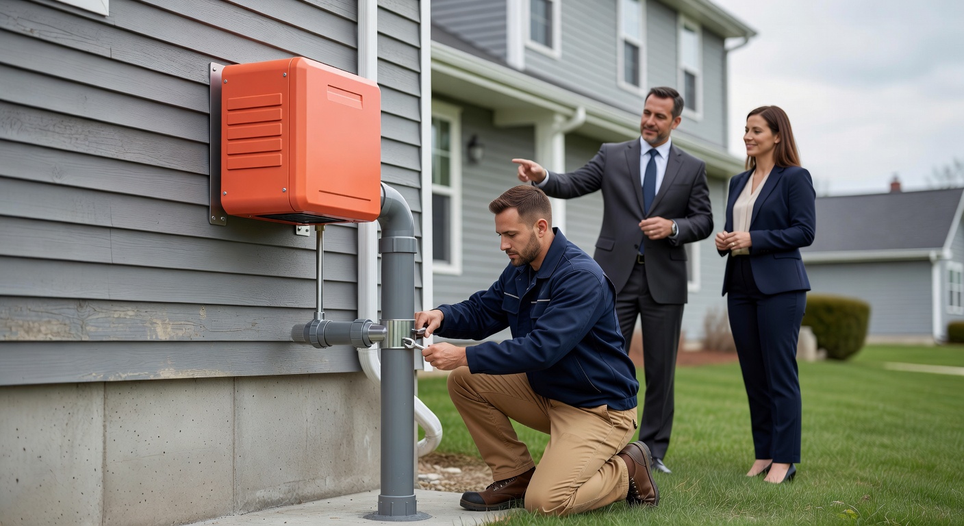 radon mitigation fan and pipe exterior installation