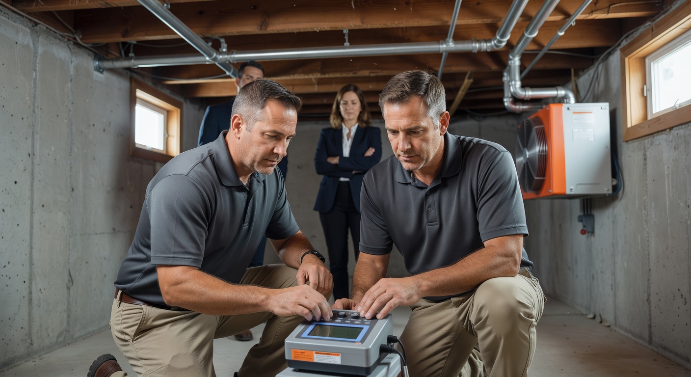radon mitigation contractor inspecting Ohio home basement