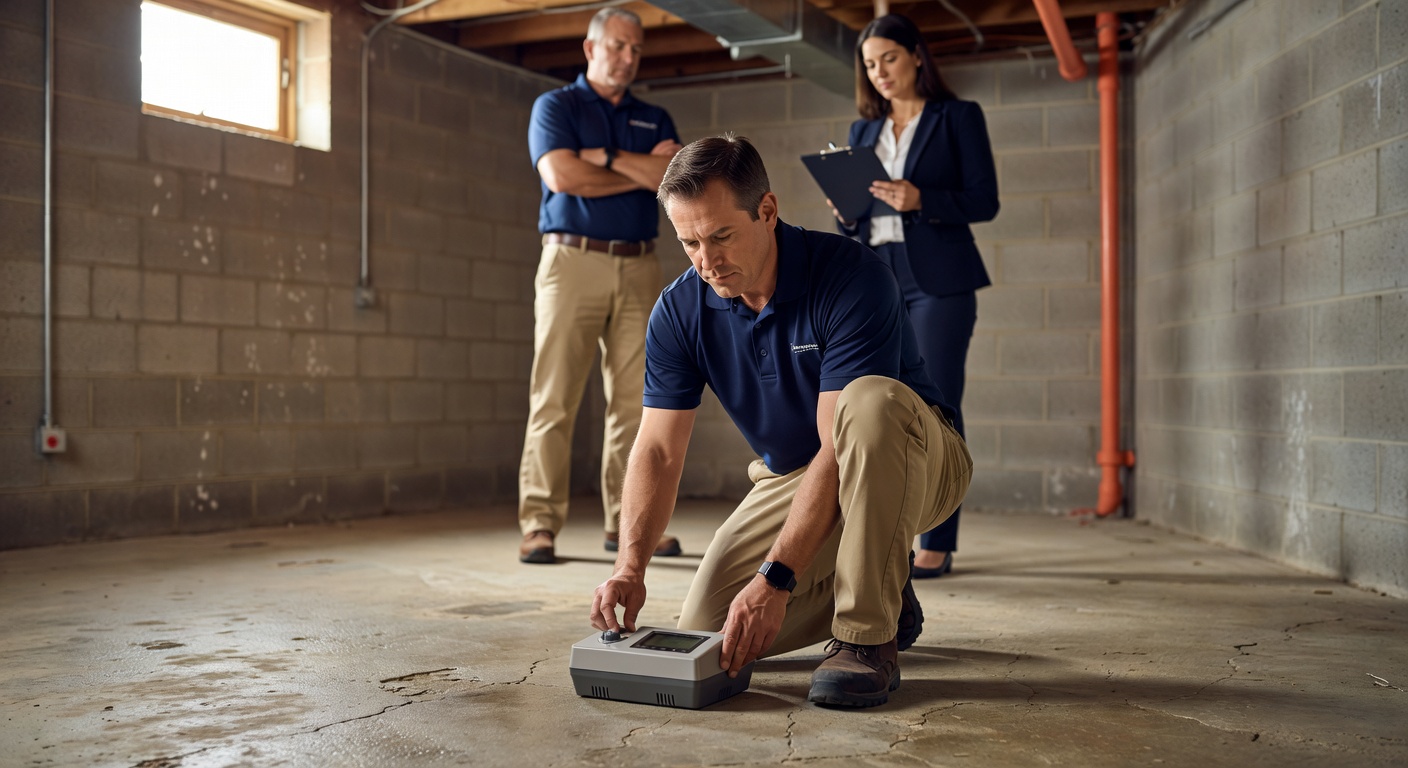 continuous radon monitor placed on basement floor