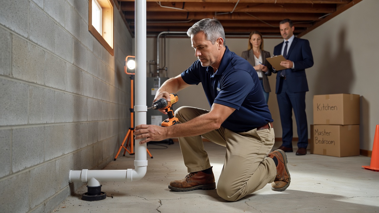 radon mitigation technician installing PVC pipe Ohio home