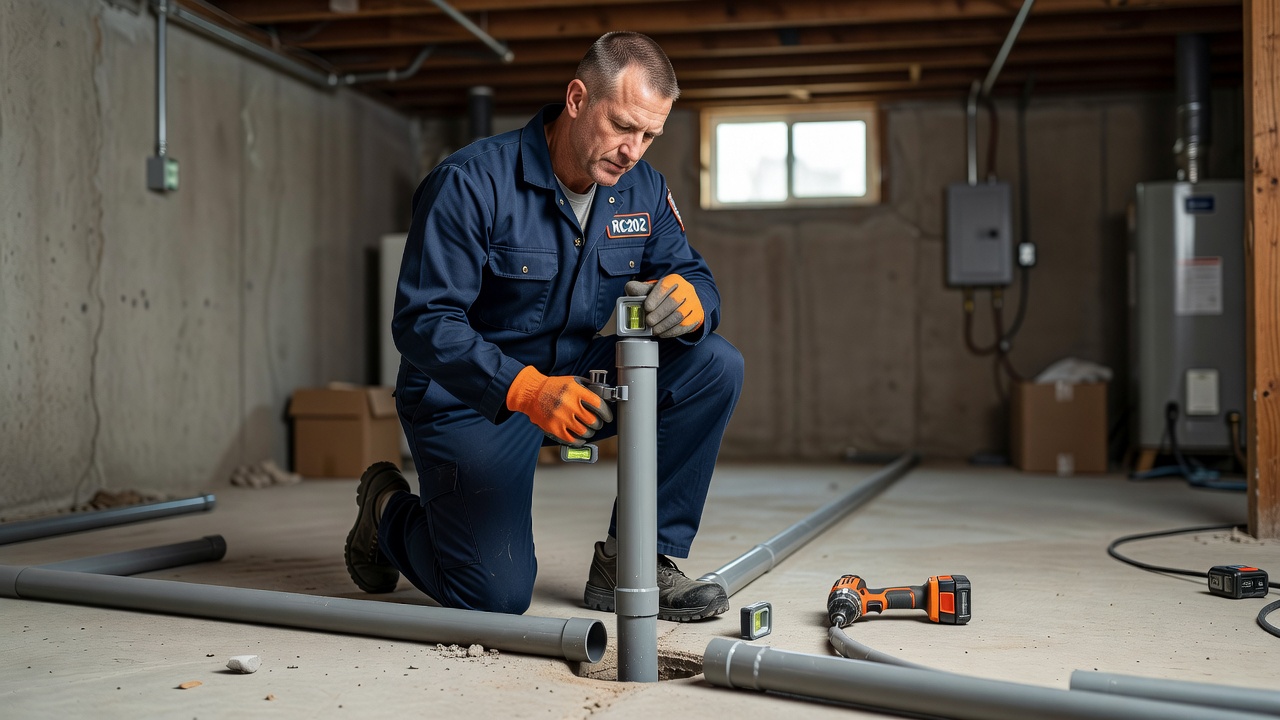 radon mitigation technician installing PVC pipe basement
