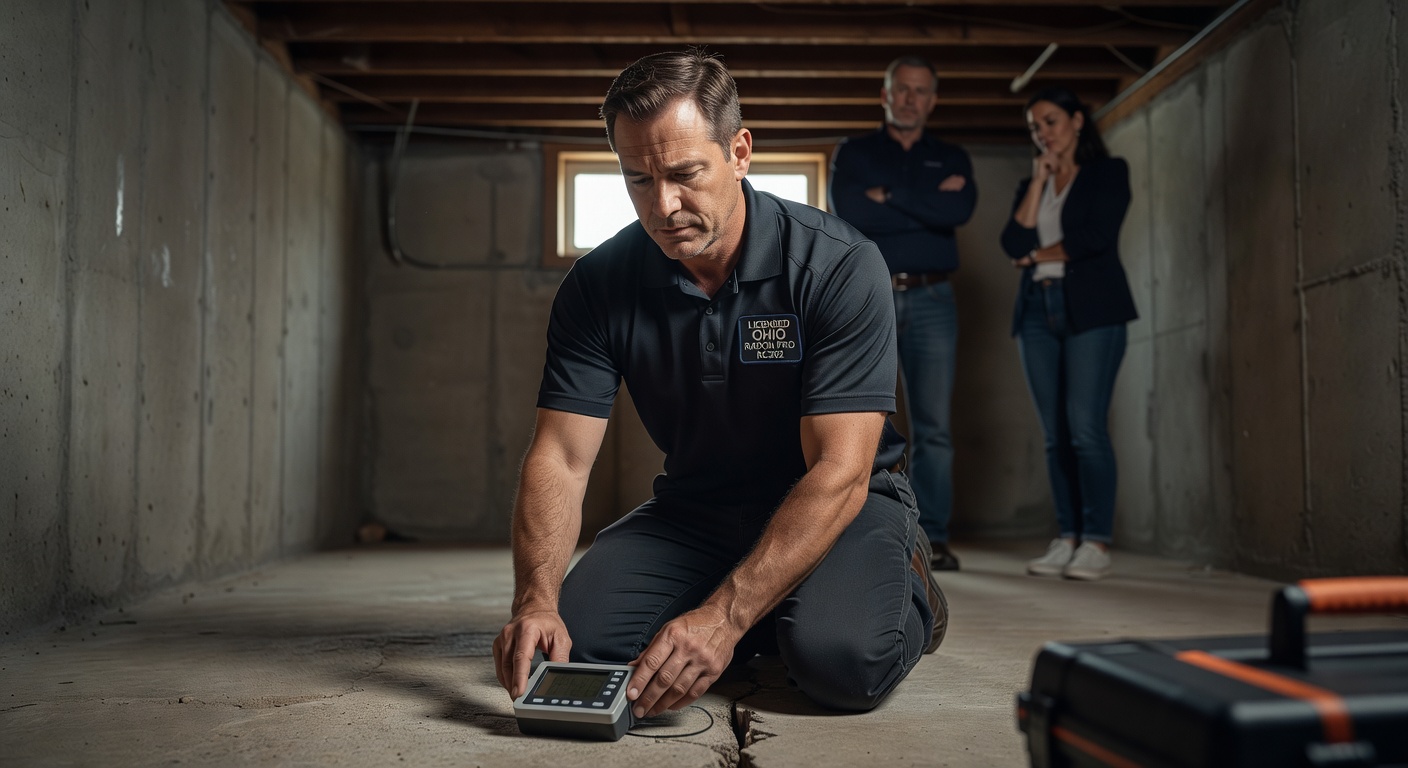 radon testing technician inspecting Ohio basement
