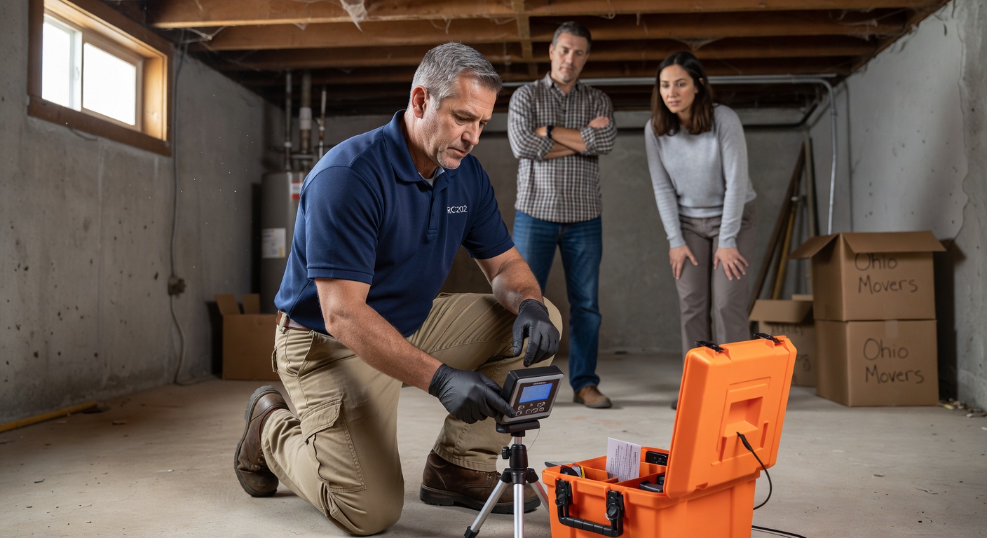radon technician testing basement Ohio home