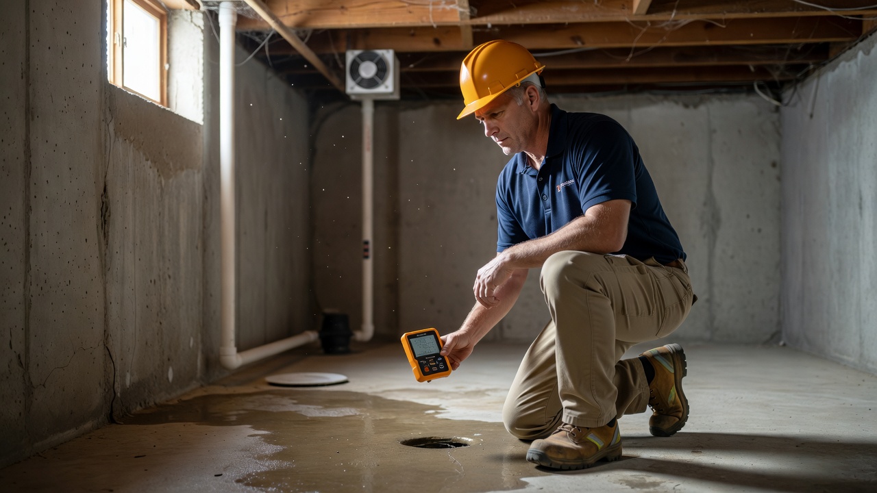 radon mitigation contractor inspecting basement Circleville Ohio