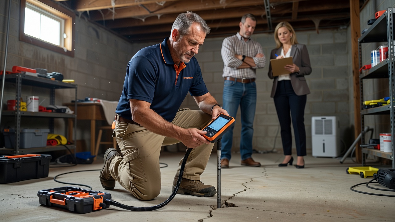 radon technician testing equipment basement inspection