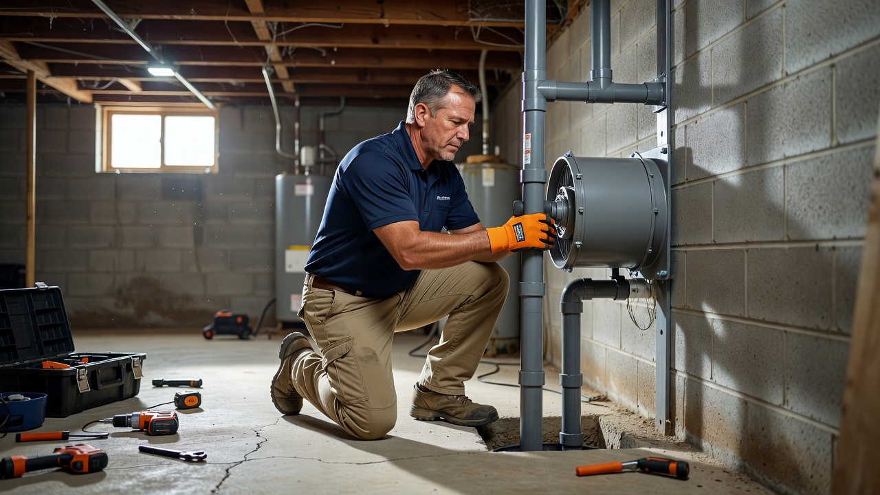radon technician installing mitigation fan basement