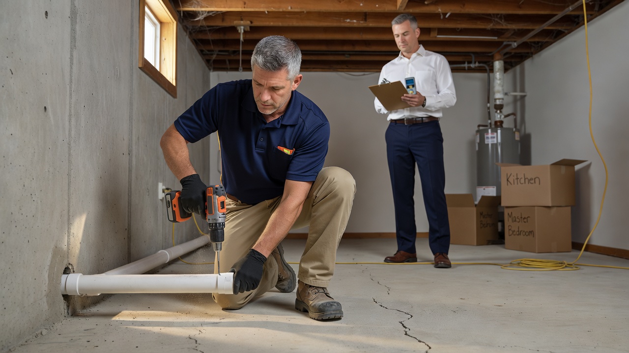 radon mitigation technician installing pipe Ohio home
