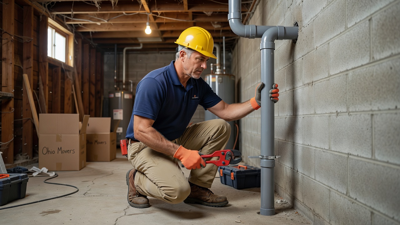 radon technician installing PVC pipe basement Ohio