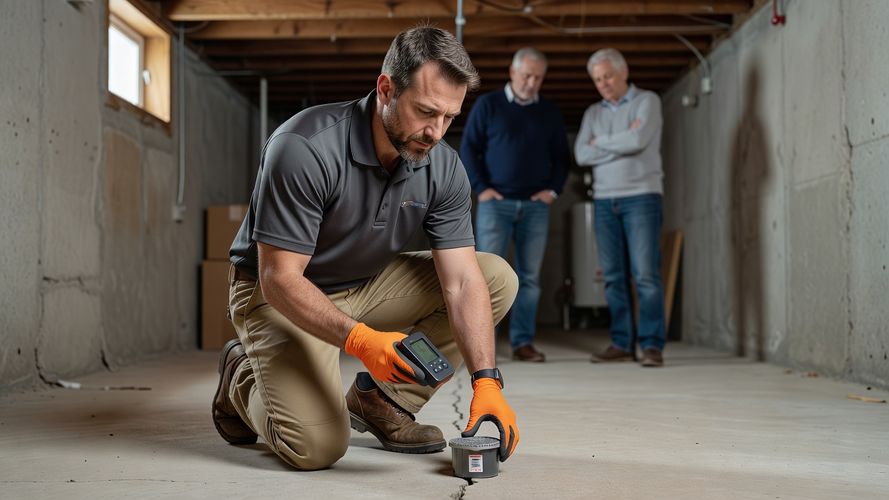 radon test kit and continuous radon monitor in Ohio basement