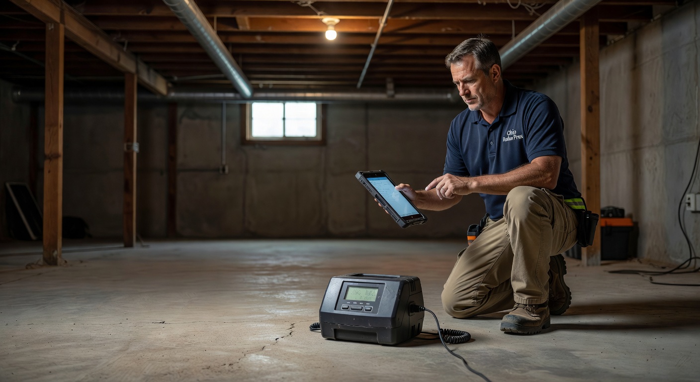 continuous radon monitor device on basement floor