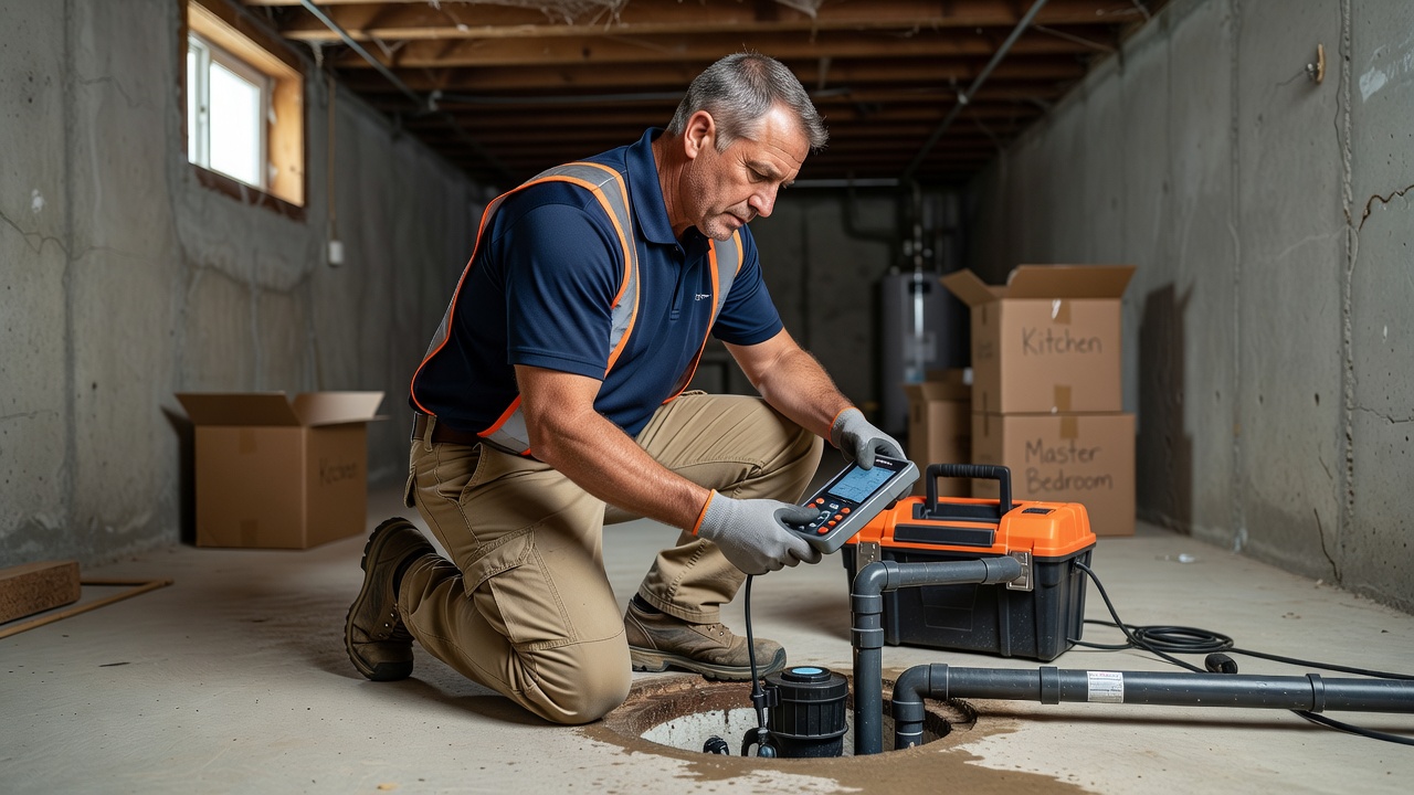 radon mitigation contractor inspecting basement sump pump