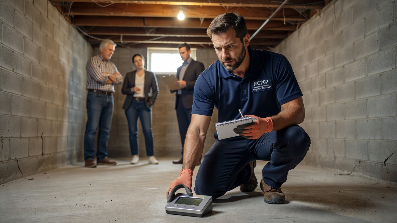 licensed radon mitigation technician inspecting basement