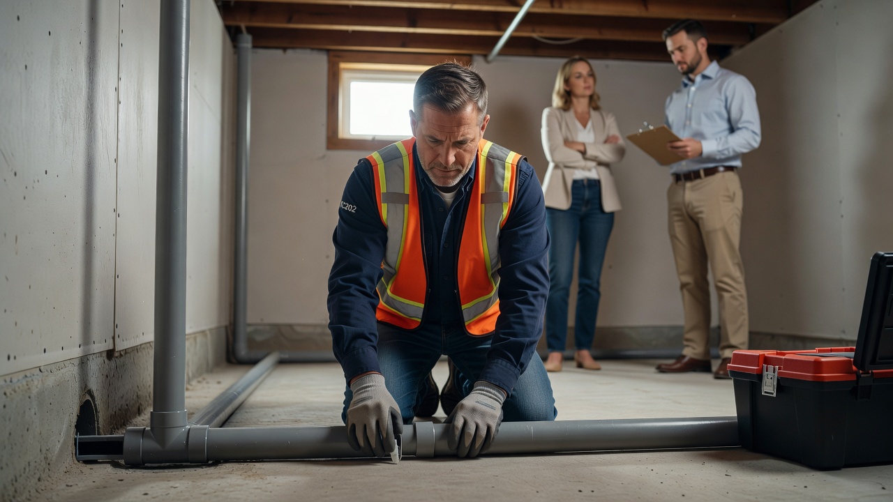 radon mitigation technician installing PVC pipe system in basement