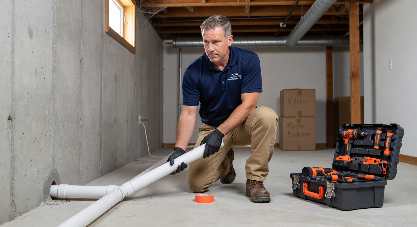 radon mitigation technician installing PVC pipe basement Ohio