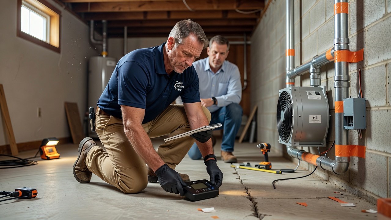 radon professional placing continuous radon monitor home basement