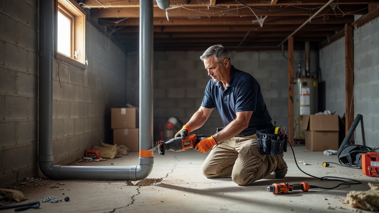 radon technician installing PVC mitigation pipe in Ohio basement