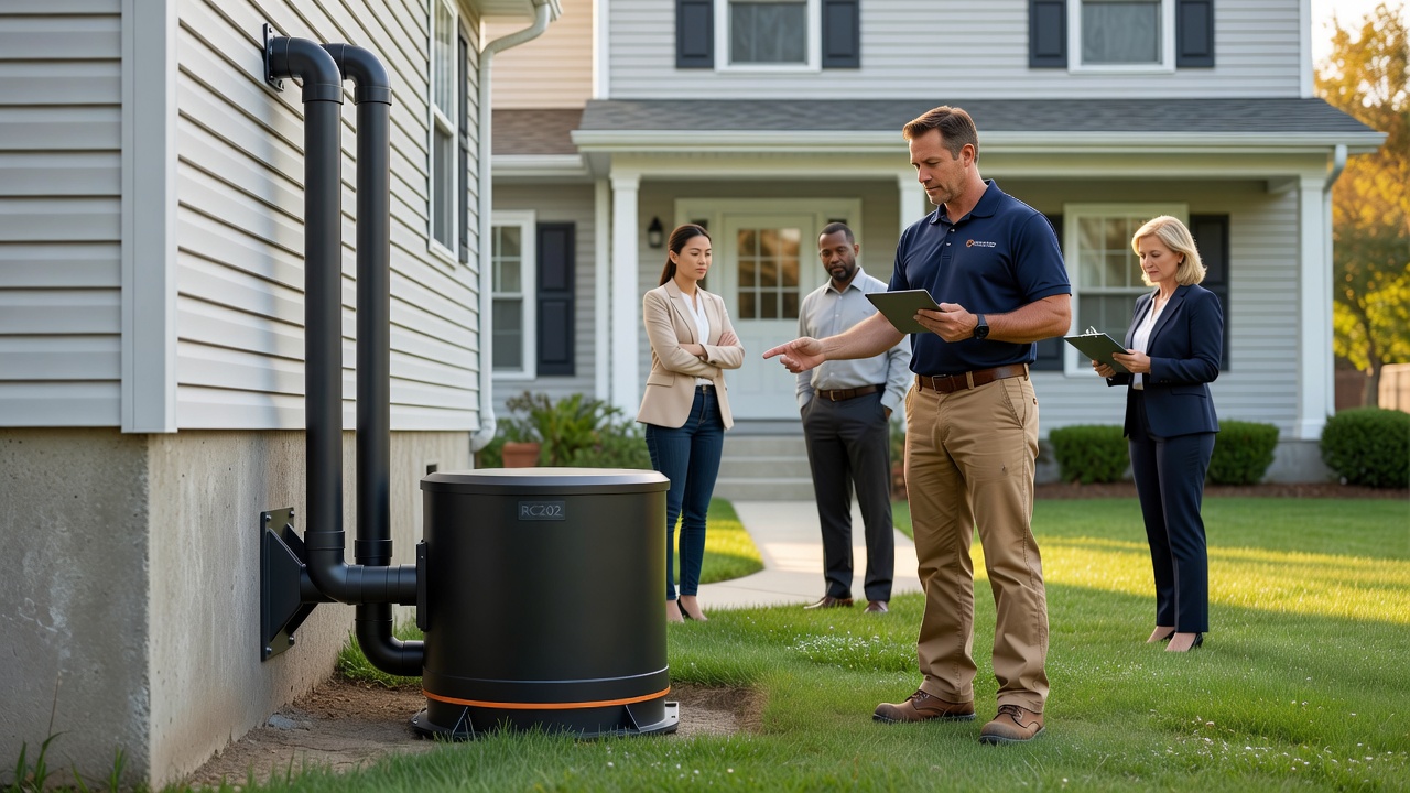 radon mitigation pipe fan exterior installation suburban home
