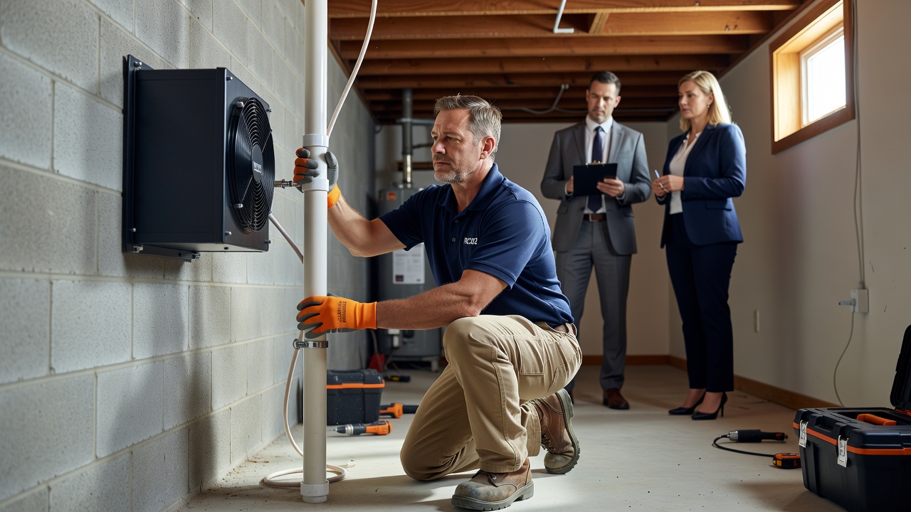 licensed radon technician installing mitigation pipe Ohio home